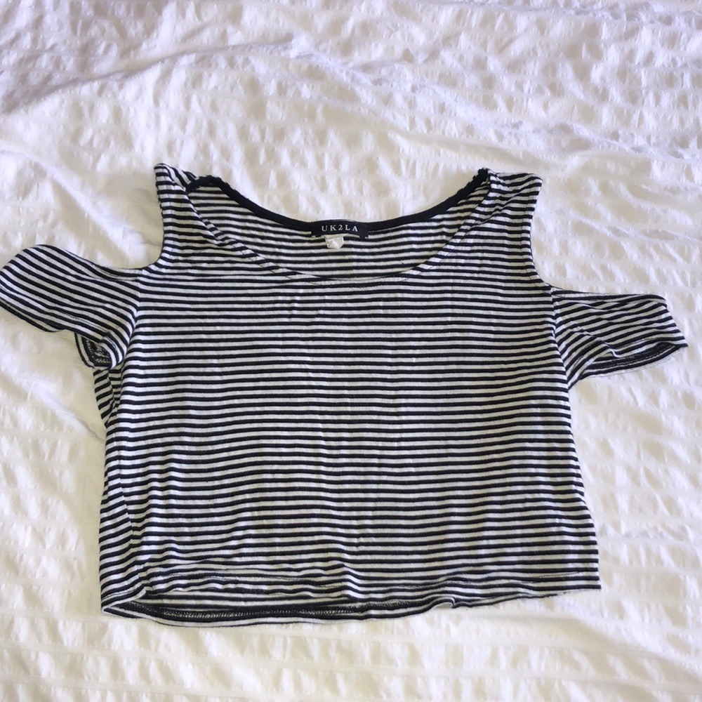 Striped open shoulder top